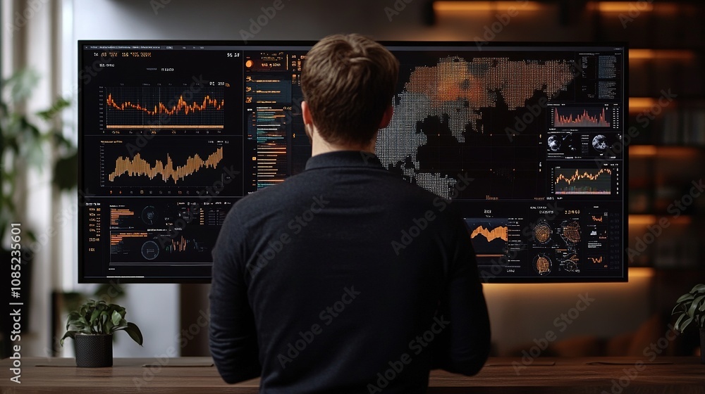 Poster professional analyst working with data visualization on large display in modern office environment, 