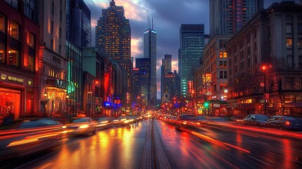 Obraz premium A vibrant city street at dusk, illuminated by colorful lights and bustling traffic.