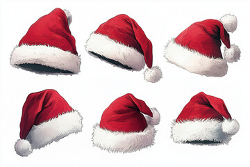 3D vector realistic Santa hat icon set on a white background, watercolor, isolated, cut out.