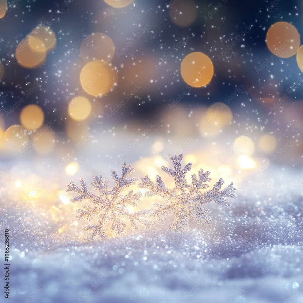 Poster frosty elegance - glowing snowflakes on cool gradient backdrop with abstract bokeh lights and winter