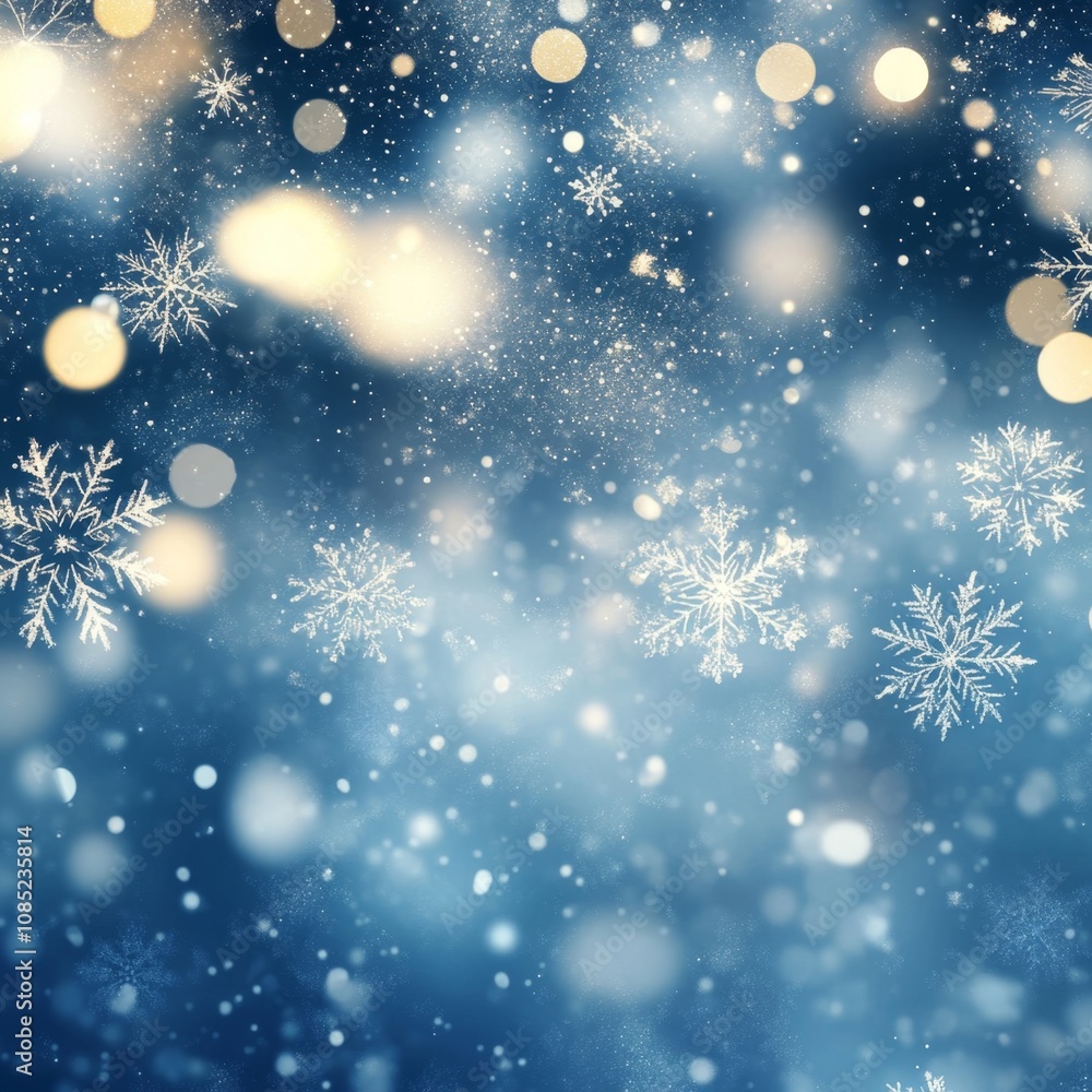 Poster Winter Elegance: Glowing Snowflakes on Cool Gradient Backdrop with Abstract Bokeh Lights and Modern Patterns