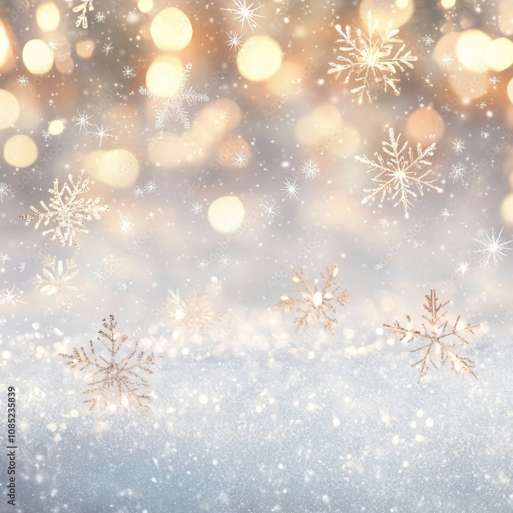 Poster frosty elegance - glowing snowflakes on cool-toned gradient backdrop with abstract bokeh lights, win