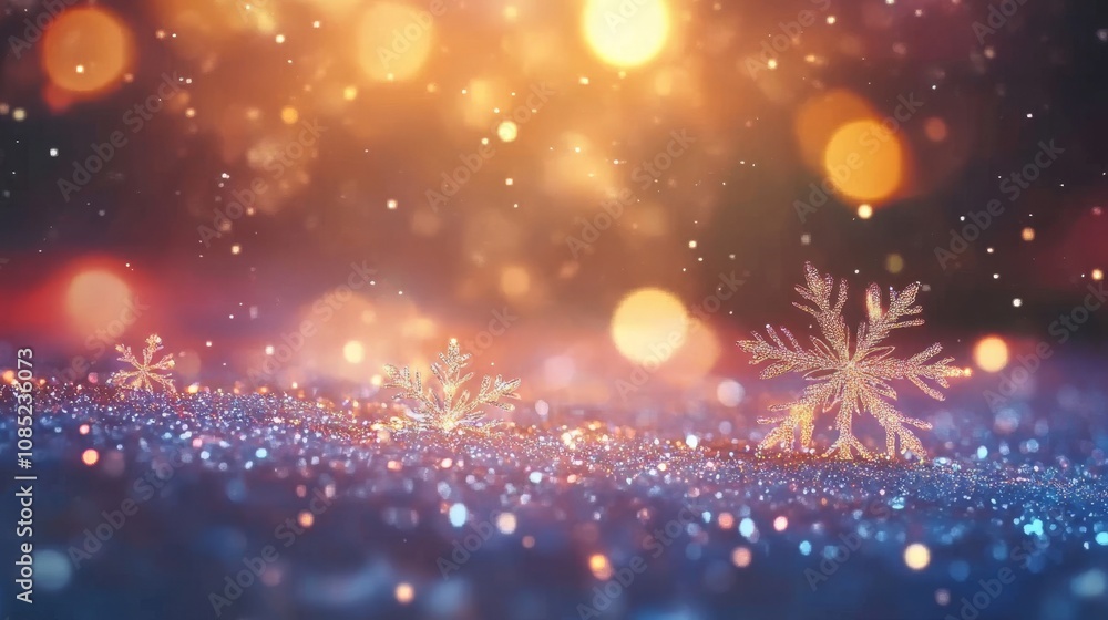 Poster sparkling winter wonderland: festive luxury bokeh lights and snowflake patterns on gradient backgrou