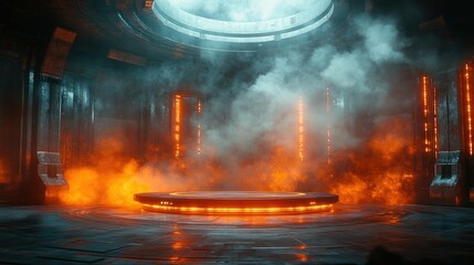 Fototapeta premium Futuristic smoky room with circular platform, orange and blue neon lights.