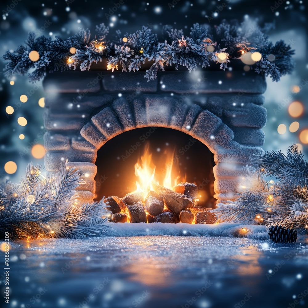 Poster winter warmth - cozy fireplace with snowflake patterns and bokeh lights on frosty background
