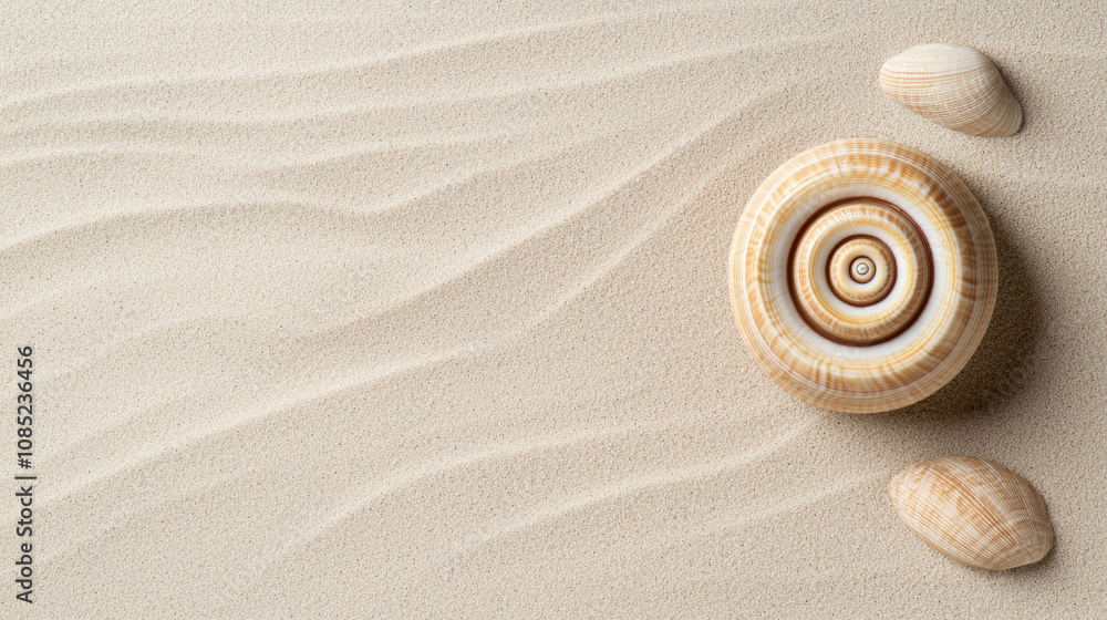 Poster close up of spiral shell resting on sandy background, evoking sense of tranquility and nature beauty