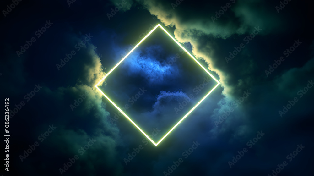 Poster 3d rendering, abstract futuristic background with neon geometric shape and stormy cloud on night sky