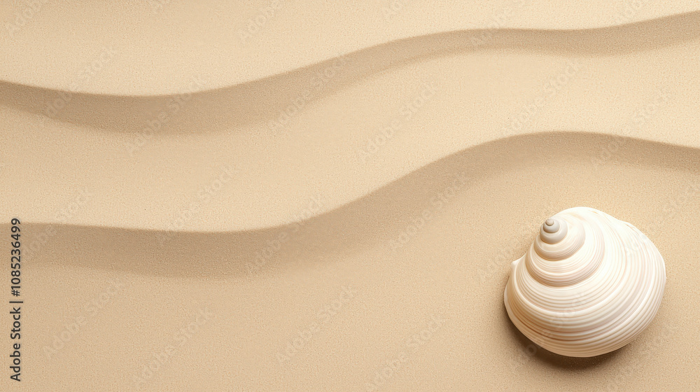 Poster close up of spiral shell resting on smooth sand background, showcasing gentle waves and soft texture