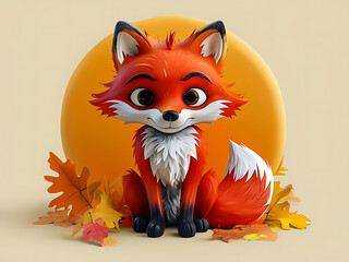 A cunning red fox with a bushy tail sitting amidst autumn leaves