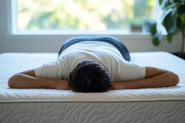 A person lying comfortably on an orthopedic mattress, demonstrating proper spinal alignment and support.