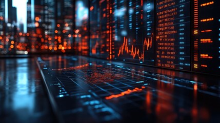 Fototapeta premium Futuristic trading desk with city backdrop displaying financial data on monitors.