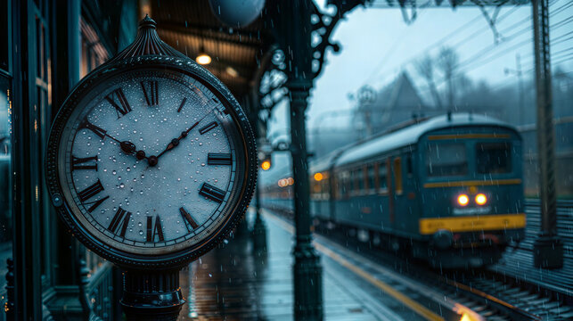 Vintage clock and train in rain at old railway station
