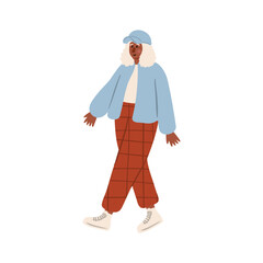 Cute vector illustration of black woman, diverse character in everyday urban scenes. People walking dogs, using wheelchair, pushing stroller. individuals of various ages and ethnicities.