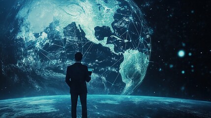 Businessman Analyzing Global Network Connections Against a Beautiful Earth View in Space, Representing Modern Technology and Digital Transformation