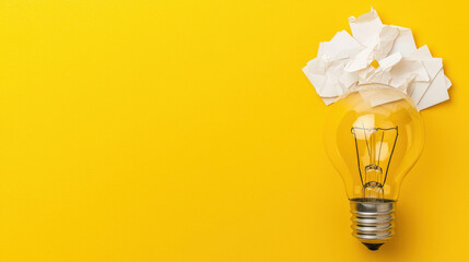 Crumpled paper and light bulb symbolize creative ideas on bright yellow background, inspiring innovation and imagination