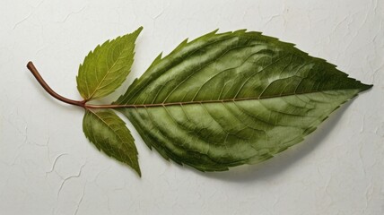 large, green leaf with detailed veins and serrated edges is arranged with two smaller leaves on a pale, textured background, creating a natural composition.