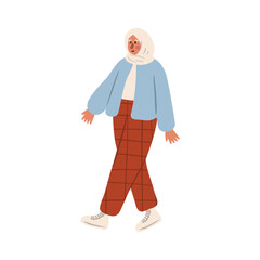 Cute vector illustration of muslim woman, diverse character in everyday urban scenes. People walking dogs, using wheelchair, pushing stroller. individuals of various ages and ethnicities.