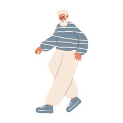 Cute vector illustration of muslim man, diverse character in everyday urban scenes. People walking dogs, using wheelchair, pushing stroller. individuals of various ages and ethnicities.