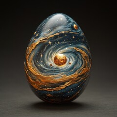 An egg with an intricate galaxy painted on its shell, featuring stars, planets, and tiny constellations swirling across its surface. 