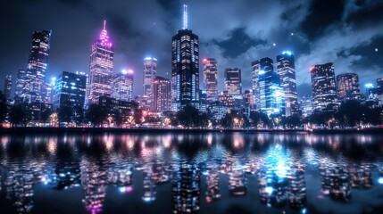 Obraz premium Vibrant Urban Nightlife Scene with City Skyline