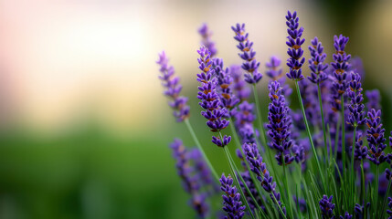 Naklejka premium Lavender flowers in soft background create serene atmosphere, showcasing beauty of nature. vibrant purple blooms stand tall, inviting tranquility and calmness