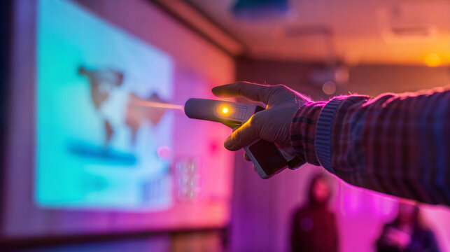 Hand holding laser pointer in vibrant presentation room with projected image