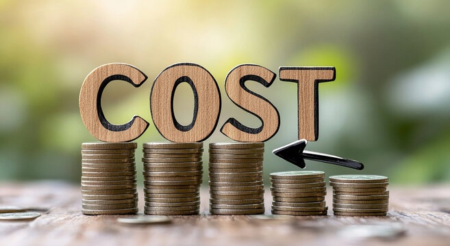 Stacks of coins decrease in height as a downward-pointing arrow rests on top of the word COST in wooden letters