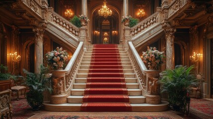 Obraz premium Grand marble staircase with red carpet runner, ornate balustrades, and floral arrangements in a luxurious palace interior.