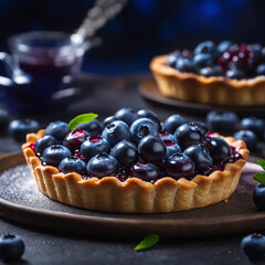 Photo of delicious blueberry tart with blueberry dark lghiting Fresh healthy food backgrund