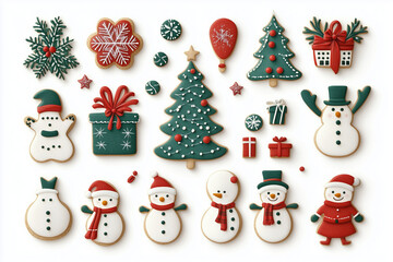 Festive Christmas Cookie Collection: A charming assortment of Christmas-themed gingerbread cookies, featuring snowmen, Christmas trees, presents, and snowflakes. Perfect for holiday baking.