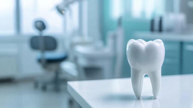Healthy white tooth with blurred dentist Office background with dental chair
