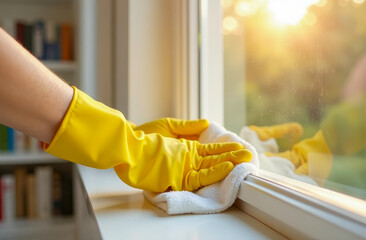 Female hands in yellow gloves with a white rag for washing windows. White interior against the background of bookshelves. Close-up
