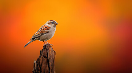 sparrow perched on old branch against vibrant autumn background, showcasing beauty of nature. warm colors create serene atmosphere