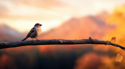 Fototapeta premium sparrow perched on old branch, surrounded by vibrant autumn colors, evokes sense of tranquility and connection to nature