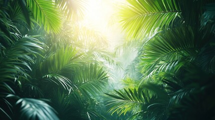Lush tropical foliage illuminated by soft sunlight, creating a serene and vibrant atmosphere.