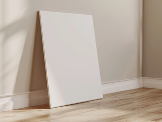 White blank canvas leaning beige wall wood floor natural light minimalist interior mockup background design presentation modern decor empty vertical board sign plain wall mock up marketing advert 