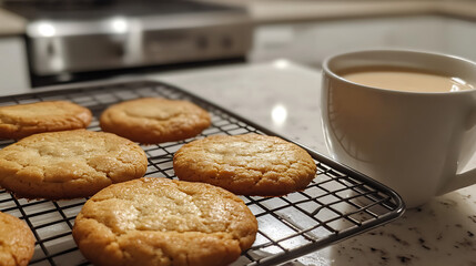 A batch of golden-brown cookies cooling on a wire rack next to a cup of milk in a bright kitchen 