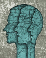 Schizophrenia male head silhouette. Illustration with three stylized male heads on grunge texture symbolizing schizophrenia Depression,bipolar disorder.