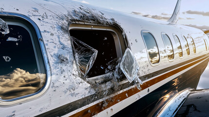 Broken window on a private jet showing decompression hazard