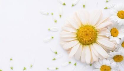 Fototapeta premium Closeup of Blooming Daisy Flowers and Petals Isolated on White Background. Top View of Flower with Empty Space.