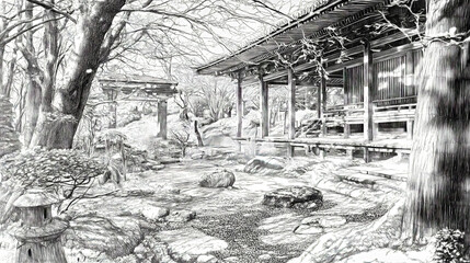 Fototapeta premium Japanese zen garden with traditional architecture and torii gate in pencil sketch style