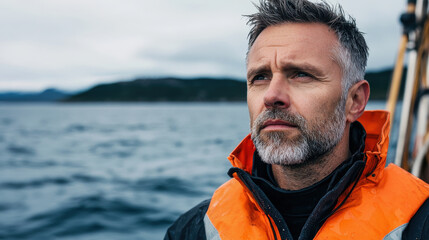 Fototapeta premium middle aged fisherman with short hair and beard, wearing bright orange life jacket, gazes thoughtfully at sea. calm waters reflect his contemplative mood