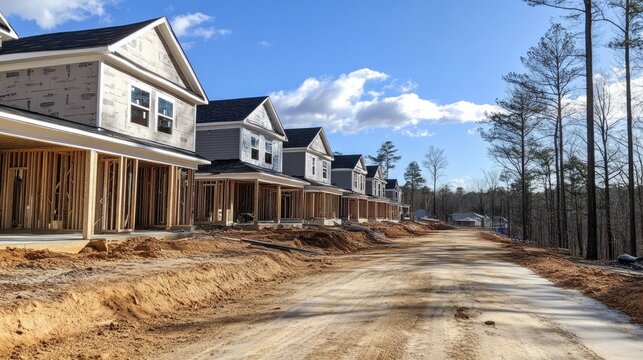 A row of houses are being built on a dirt road
