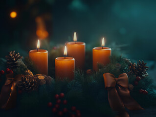Advent Wreath with Lit Candles and Festive Decorations