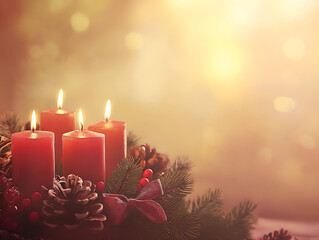 Advent Wreath with Lit Candles and Festive Decorations