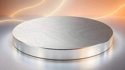 A minimalist silver podium with a smooth, reflective surface against a warm, abstract background.