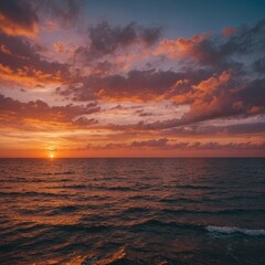 Naklejka premium A peaceful sunset over the ocean with vibrant hues of orange and pink.