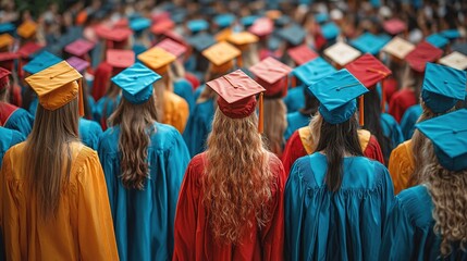 A group of graduates wearing colorful caps and gowns at a commencement ceremony.