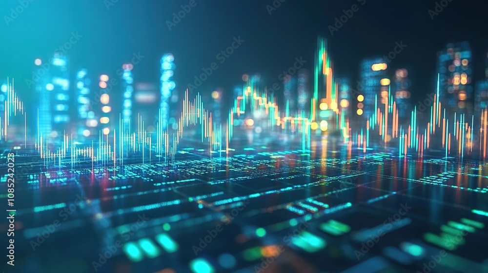 Poster futuristic digital data visualization with colorful waves, charts, and graphs representing financial