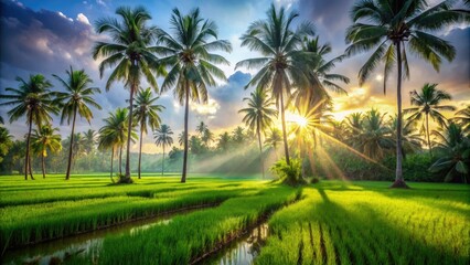 Obraz premium Lush Green Rice Field Surrounded by Tall Palm Trees with Sunlight Filtering Through Leaves in a Serene Tropical Landscape